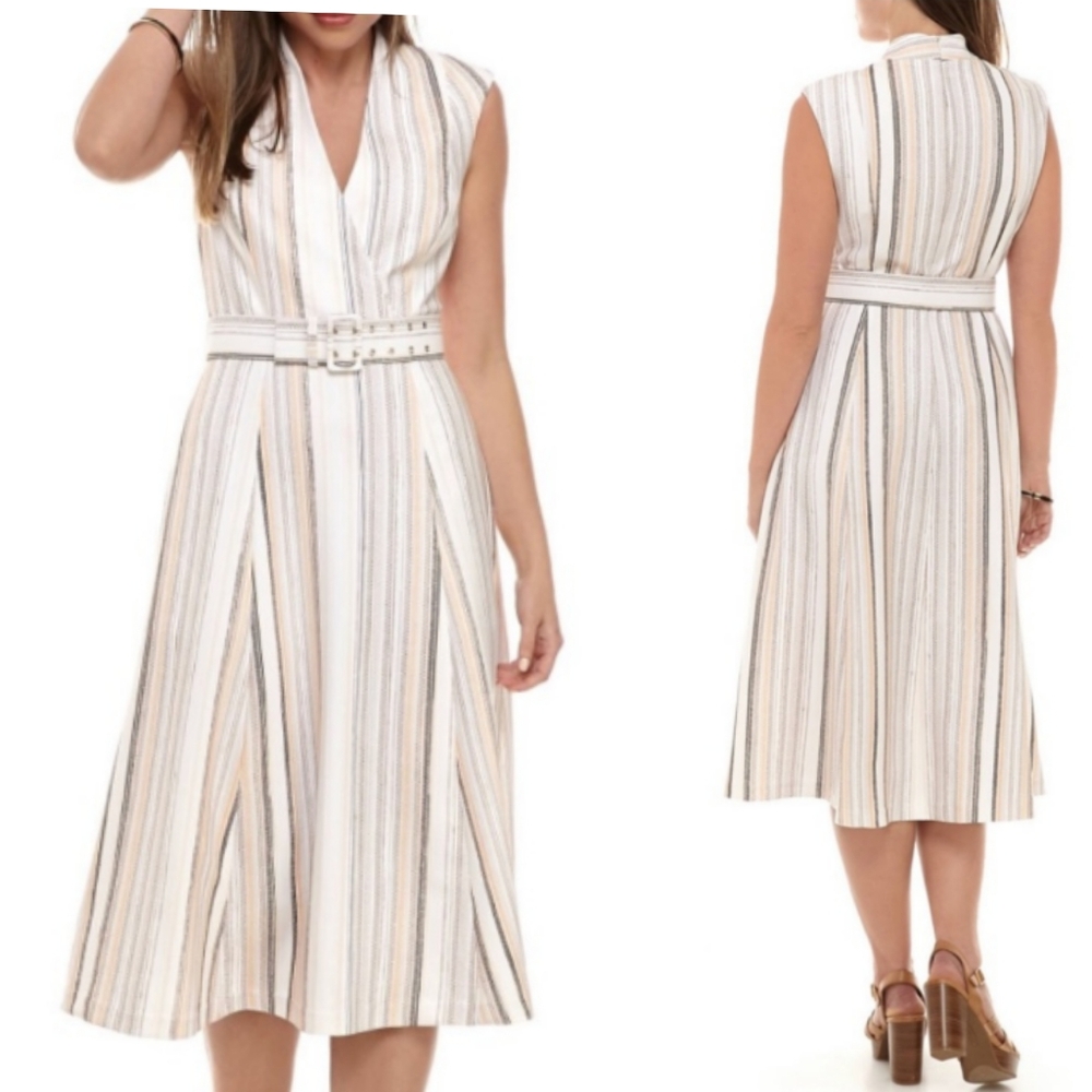 Calvin Klein Sleeveless A-Line Dress Surplice Bodice Belted Pockets Size 14